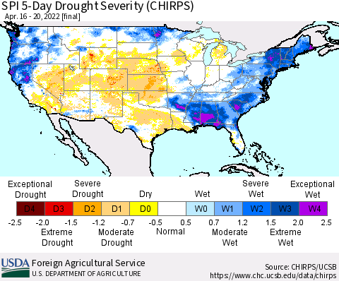 United States SPI 5-Day Drought Severity (CHIRPS) Thematic Map For 4/16/2022 - 4/20/2022