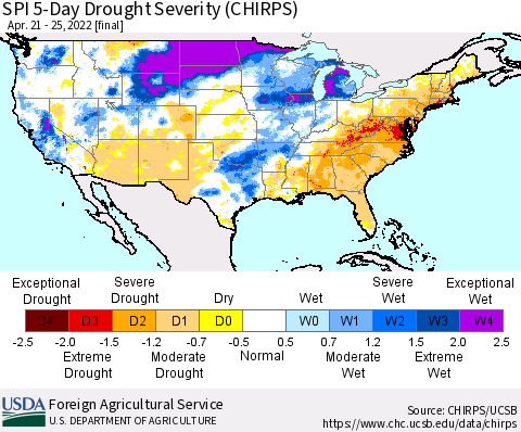 United States SPI 5-Day Drought Severity (CHIRPS) Thematic Map For 4/21/2022 - 4/25/2022
