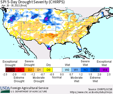 United States SPI 5-Day Drought Severity (CHIRPS) Thematic Map For 4/26/2022 - 4/30/2022