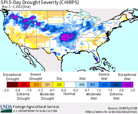 United States SPI 5-Day Drought Severity (CHIRPS) Thematic Map For 5/1/2022 - 5/5/2022
