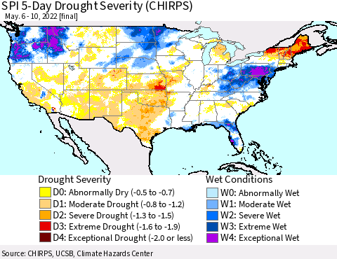 United States SPI 5-Day Drought Severity (CHIRPS) Thematic Map For 5/6/2022 - 5/10/2022