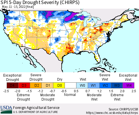United States SPI 5-Day Drought Severity (CHIRPS) Thematic Map For 5/11/2022 - 5/15/2022
