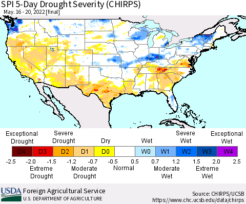 United States SPI 5-Day Drought Severity (CHIRPS) Thematic Map For 5/16/2022 - 5/20/2022
