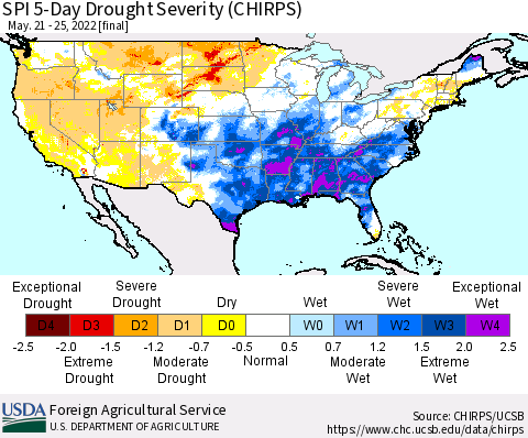 United States SPI 5-Day Drought Severity (CHIRPS) Thematic Map For 5/21/2022 - 5/25/2022