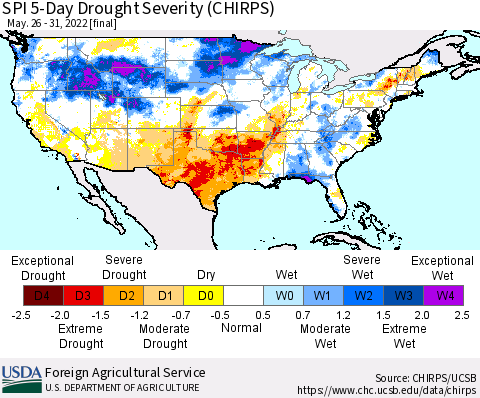 United States SPI 5-Day Drought Severity (CHIRPS) Thematic Map For 5/26/2022 - 5/31/2022