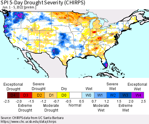 United States SPI 5-Day Drought Severity (CHIRPS) Thematic Map For 6/1/2022 - 6/5/2022