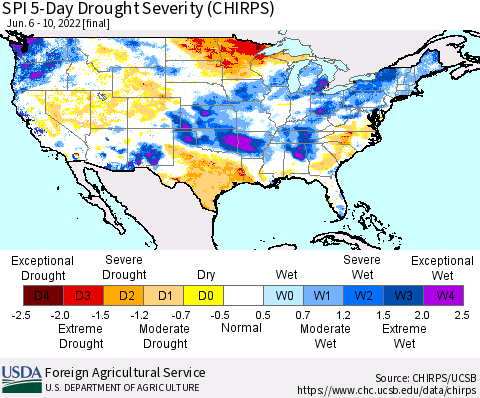 United States SPI 5-Day Drought Severity (CHIRPS) Thematic Map For 6/6/2022 - 6/10/2022