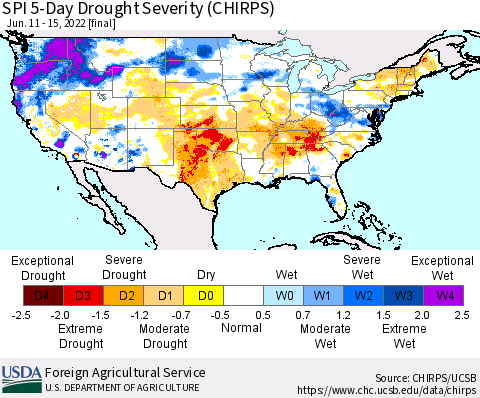 United States SPI 5-Day Drought Severity (CHIRPS) Thematic Map For 6/11/2022 - 6/15/2022