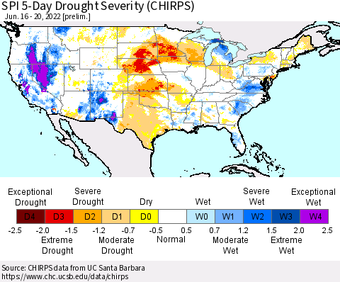 United States SPI 5-Day Drought Severity (CHIRPS) Thematic Map For 6/16/2022 - 6/20/2022