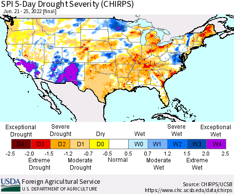 United States SPI 5-Day Drought Severity (CHIRPS) Thematic Map For 6/21/2022 - 6/25/2022