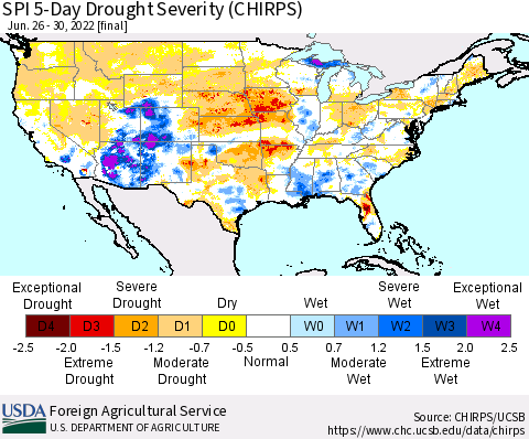 United States SPI 5-Day Drought Severity (CHIRPS) Thematic Map For 6/26/2022 - 6/30/2022