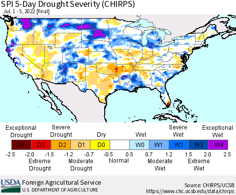 United States SPI 5-Day Drought Severity (CHIRPS) Thematic Map For 7/1/2022 - 7/5/2022