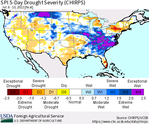 United States SPI 5-Day Drought Severity (CHIRPS) Thematic Map For 7/6/2022 - 7/10/2022