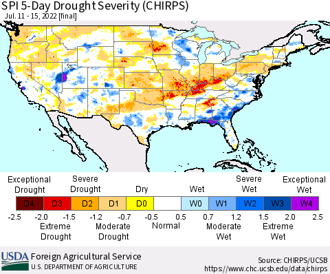 United States SPI 5-Day Drought Severity (CHIRPS) Thematic Map For 7/11/2022 - 7/15/2022