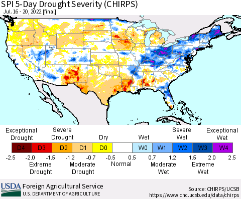 United States SPI 5-Day Drought Severity (CHIRPS) Thematic Map For 7/16/2022 - 7/20/2022