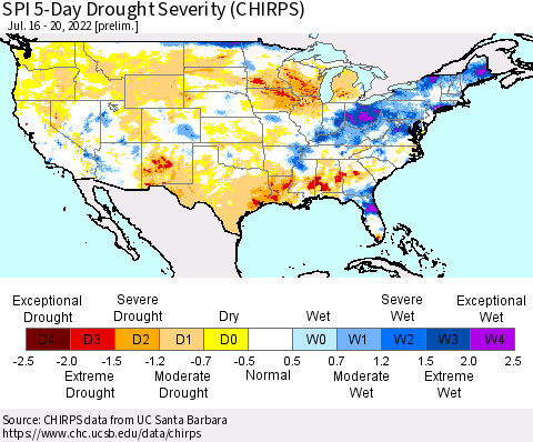 United States SPI 5-Day Drought Severity (CHIRPS) Thematic Map For 7/16/2022 - 7/20/2022