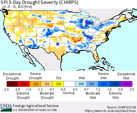 United States SPI 5-Day Drought Severity (CHIRPS) Thematic Map For 7/21/2022 - 7/25/2022