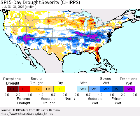 United States SPI 5-Day Drought Severity (CHIRPS) Thematic Map For 7/26/2022 - 7/31/2022