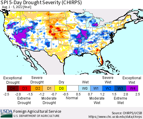 United States SPI 5-Day Drought Severity (CHIRPS) Thematic Map For 8/1/2022 - 8/5/2022