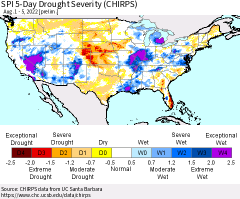 United States SPI 5-Day Drought Severity (CHIRPS) Thematic Map For 8/1/2022 - 8/5/2022