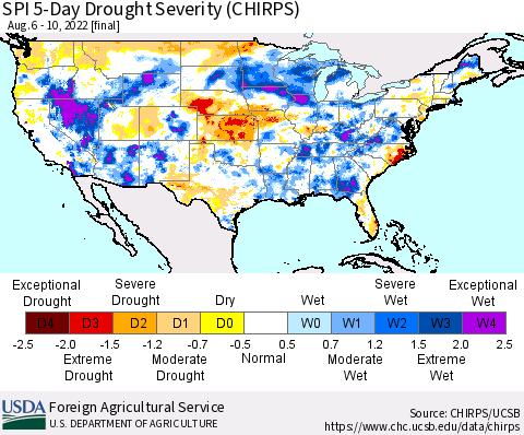 United States SPI 5-Day Drought Severity (CHIRPS) Thematic Map For 8/6/2022 - 8/10/2022