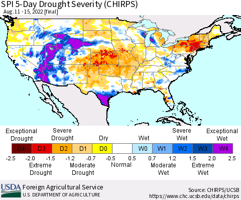 United States SPI 5-Day Drought Severity (CHIRPS) Thematic Map For 8/11/2022 - 8/15/2022