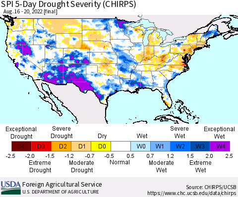 United States SPI 5-Day Drought Severity (CHIRPS) Thematic Map For 8/16/2022 - 8/20/2022