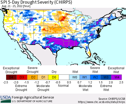 United States SPI 5-Day Drought Severity (CHIRPS) Thematic Map For 8/21/2022 - 8/25/2022