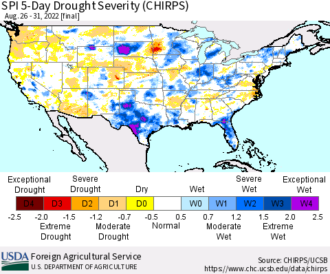 United States SPI 5-Day Drought Severity (CHIRPS) Thematic Map For 8/26/2022 - 8/31/2022