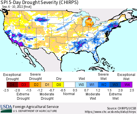 United States SPI 5-Day Drought Severity (CHIRPS) Thematic Map For 9/6/2022 - 9/10/2022