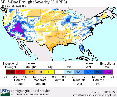 United States SPI 5-Day Drought Severity (CHIRPS) Thematic Map For 9/11/2022 - 9/15/2022