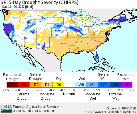 United States SPI 5-Day Drought Severity (CHIRPS) Thematic Map For 9/16/2022 - 9/20/2022