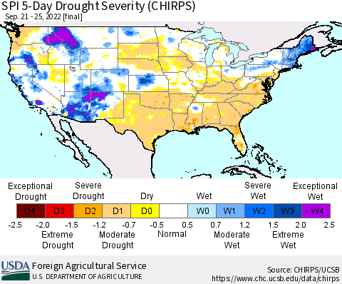United States SPI 5-Day Drought Severity (CHIRPS) Thematic Map For 9/21/2022 - 9/25/2022
