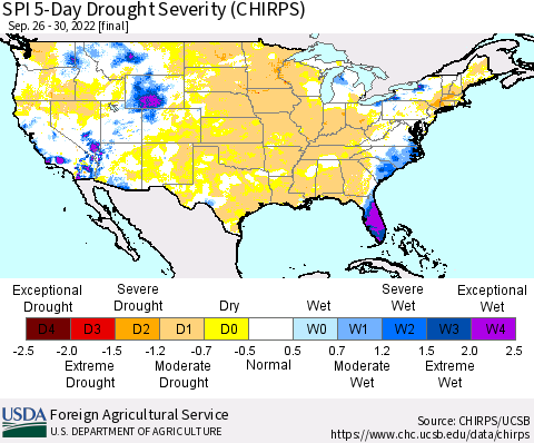 United States SPI 5-Day Drought Severity (CHIRPS) Thematic Map For 9/26/2022 - 9/30/2022