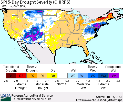 United States SPI 5-Day Drought Severity (CHIRPS) Thematic Map For 10/1/2022 - 10/5/2022