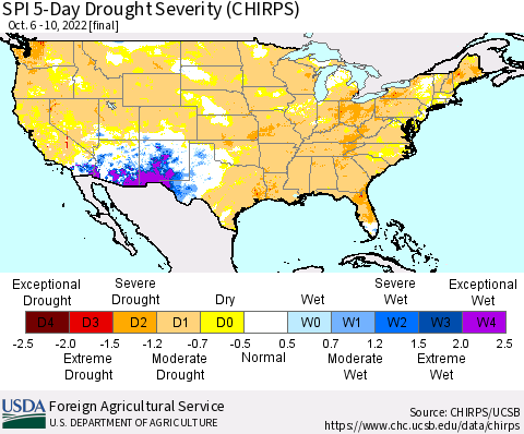 United States SPI 5-Day Drought Severity (CHIRPS) Thematic Map For 10/6/2022 - 10/10/2022