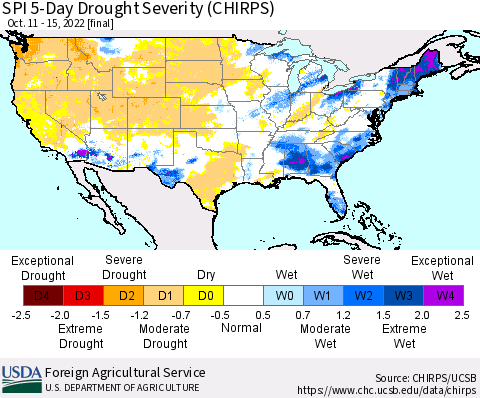 United States SPI 5-Day Drought Severity (CHIRPS) Thematic Map For 10/11/2022 - 10/15/2022
