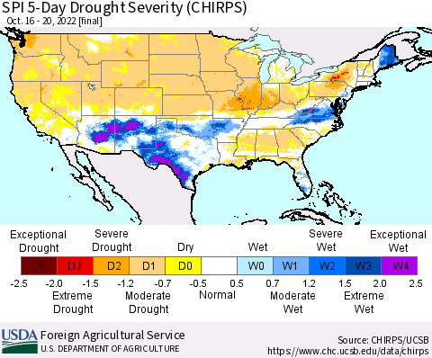United States SPI 5-Day Drought Severity (CHIRPS) Thematic Map For 10/16/2022 - 10/20/2022