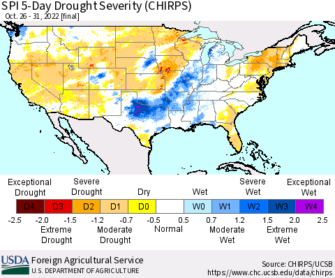 United States SPI 5-Day Drought Severity (CHIRPS) Thematic Map For 10/26/2022 - 10/31/2022