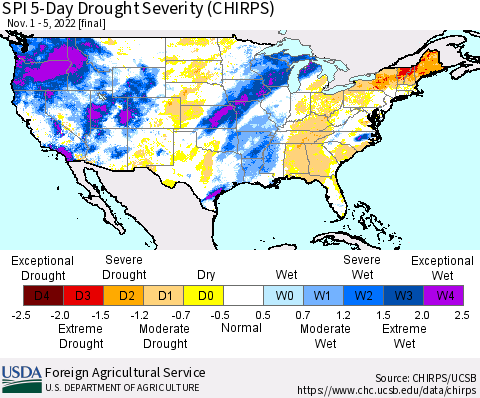 United States SPI 5-Day Drought Severity (CHIRPS) Thematic Map For 11/1/2022 - 11/5/2022