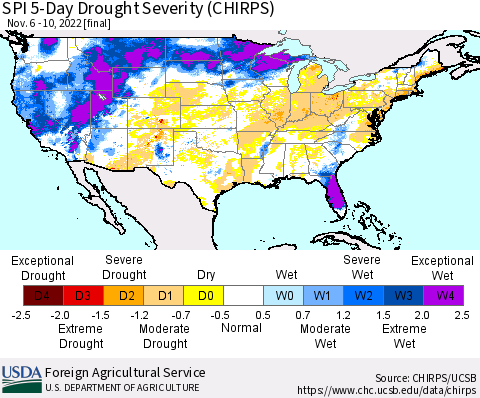 United States SPI 5-Day Drought Severity (CHIRPS) Thematic Map For 11/6/2022 - 11/10/2022