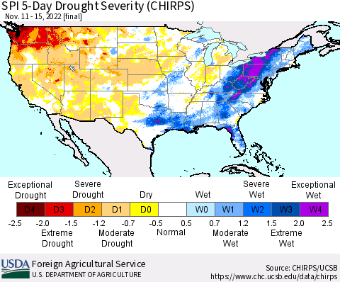 United States SPI 5-Day Drought Severity (CHIRPS) Thematic Map For 11/11/2022 - 11/15/2022