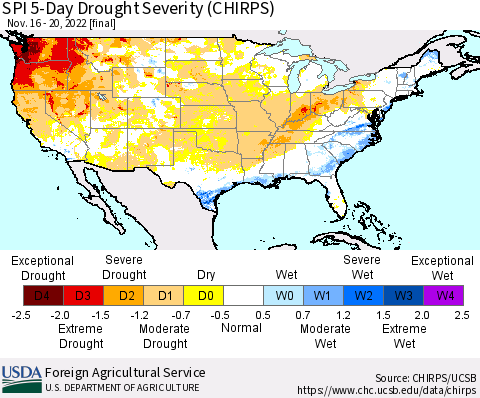 United States SPI 5-Day Drought Severity (CHIRPS) Thematic Map For 11/16/2022 - 11/20/2022