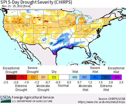 United States SPI 5-Day Drought Severity (CHIRPS) Thematic Map For 11/21/2022 - 11/25/2022