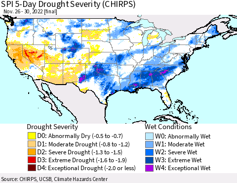 United States SPI 5-Day Drought Severity (CHIRPS) Thematic Map For 11/26/2022 - 11/30/2022