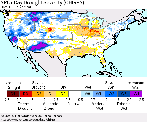 United States SPI 5-Day Drought Severity (CHIRPS) Thematic Map For 12/1/2022 - 12/5/2022