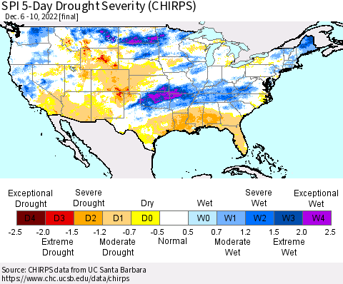 United States SPI 5-Day Drought Severity (CHIRPS) Thematic Map For 12/6/2022 - 12/10/2022