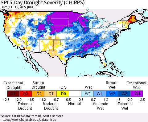 United States SPI 5-Day Drought Severity (CHIRPS) Thematic Map For 12/11/2022 - 12/15/2022