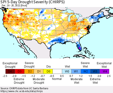 United States SPI 5-Day Drought Severity (CHIRPS) Thematic Map For 12/16/2022 - 12/20/2022