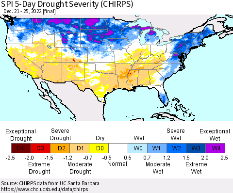 United States SPI 5-Day Drought Severity (CHIRPS) Thematic Map For 12/21/2022 - 12/25/2022